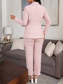 Fleurora Women's Plaid Lapel Neck Long Sleeve Double-Breasted Jacket And Pants Elegant Casual Suit Set Office Business Dinner Pink Check Work Outfits For Women - Baby Pink - View 2