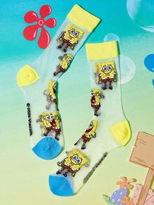 SpongeBob SquarePants | SHEIN 2雙超薄透明隱形襪，水晶絲女款中筒襪，透氣柔軟，適合春夏日常穿著 - 彩色 - 查看 4