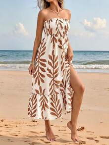 SHEIN Swim 夏季泳裝新品 度假風 優雅熱帶極簡休閒鄉村風 女款米白色葉片花卉平口抓皺開衩露肩洋裝 - 棕色 - 查看 7