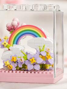Zazumi 1pc Floral Wreath Micro Brick Building Set With Dust Cover, 3D Flower Wreath Puzzle Kit With Cloud & Rainbow Accents, Ideal For Home Desk, Shelf Decor, Relaxing Activity, - Multicolor - View 8