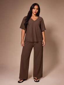 Lazeform Conjunto de Pijama Casual Plus Size Feminino Ultra Macio e Fofinho em Cor Sólida para Loungewear - Café - Visão 7