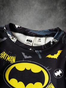 BATMAN X SHEIN 男婴卡通蝙蝠印花针织圆领上衣和裤子紧身睡衣套装 - 黑色 - 查看 3