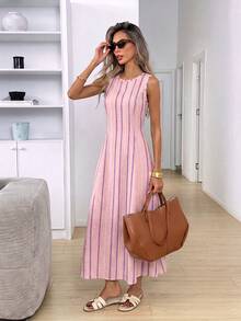 SHEIN LUNE Women's Casual Sleeveless Round Neck Dress, Suitable For Summer Daily Wear, Sleeveless Waist-Cinching Elegant Long Dress, Suitable For Summer Casual Outings. Pink Striped Print Pattern, Women's Commute Outfit, Music Festival, Beach Outfit, Vacation Outfit - Multicolor - View 4