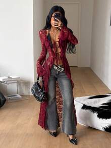 Coolane 性感女款派對與音樂節外罩衫，蕾絲肩帶搭配荷葉邊緞帶，辣妹風格 - 酒紅色 - 查看 1