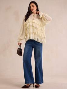 Enchnt Women's Solid Color Frill Trim Tie Neck Long Sleeve Multi-Layer Ruffle Elegant Blouse - Apricot - View 4