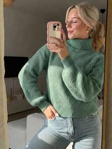 SHEIN Cottnline Women's Solid High Neck Dropped Shoulder Loose Casual Sweater, Autumn/Winter,Long Sleeve Tops, Knit Pullover Fall - Olive Green - View 3