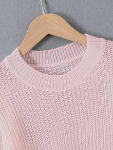 SHEIN Genkimix Kids 青少年女孩純色圓領長袖休閒毛衣 - 粉色 - 查看 4