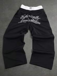 SLATEMANN 男士拼色腰帶字母刺繡運動長褲 - 黑色 - 查看 5