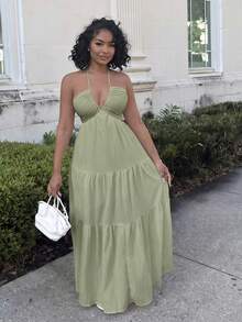 Alexandranx Women's Romantic Floral Printed Beach Vacation Halter V-Neck Pleated Backless A-Line Dress For Summer Hawaii,Pastel Dresses For Women Party Elegant - Green - View 6