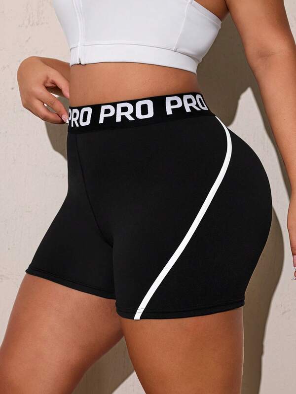 SHEIN Rhythm Era Women's Plus Size Letter Waistband Daily Fitness Sports Shorts