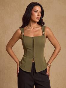 SHEIN Glamour Fashionable Minimalist French Elegant Olive Green White New Front Button Placket Sleeveless Metal Button Decor Shoulder Strap Women's Thin Blazer Vest - Army Green - View 5