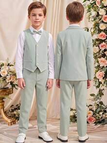SHEIN 3件組兒童青少年男孩春夏秋冬適用 學院風可愛休閒綠色西裝外套馬甲休閒長褲紳士套裝 適合生日派對、正式褲裝套裝、晚宴、表演、婚禮 - 薄荷綠 - 查看 7