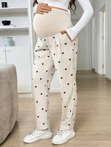 SHEIN 孕婦愛心印花可調腰圍休閒長褲 - 杏色 - 查看 6