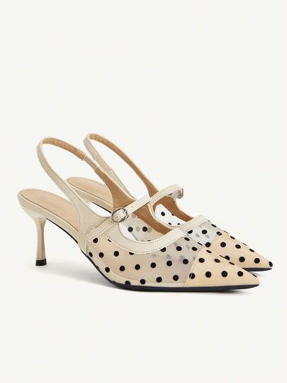 CUCCOO CHICEST Women's Shoes Polka Dot Mesh Women's High Heel Shoes Pointed Slingback Sandals Apricot Button Mary Jane Fine Heel Elegant Wedding Dating