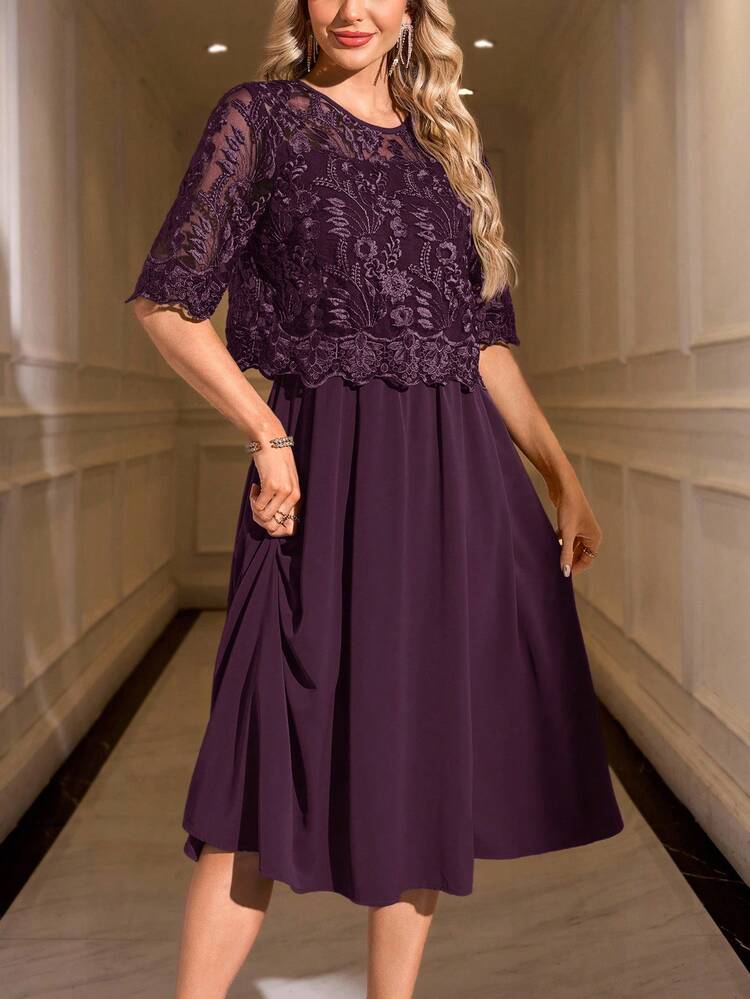 SHEIN Clasi Vestido de cuello redondo de manga corta con escote transparente y unicolor elegante de encaje - Morado - Añade 8