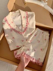 Comfortcana Romantic Pink Rose Print Sweetheart Neck Women Short Sleeve Shorts Pajama Set - Apricot - View 8
