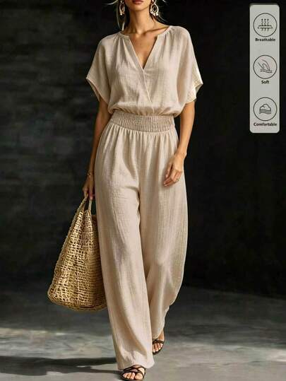 SHEIN 2026 Women's French Lazy Relaxed Style Short Sleeve Loose Jumpsuit, Half-Open Collar Elastic Waist Long Wide Leg Jumpsuit Solid Color Casual Shopping Travel Outfit, Suitable For Daily Commute, Casual Vacation, Shopping Travel And Other Occasions.