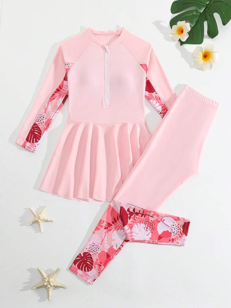 SHEIN Conjunto de traje de baño con estampado tropical y patchwork para niña preadolescente - Rosa Pálido - Ver 1