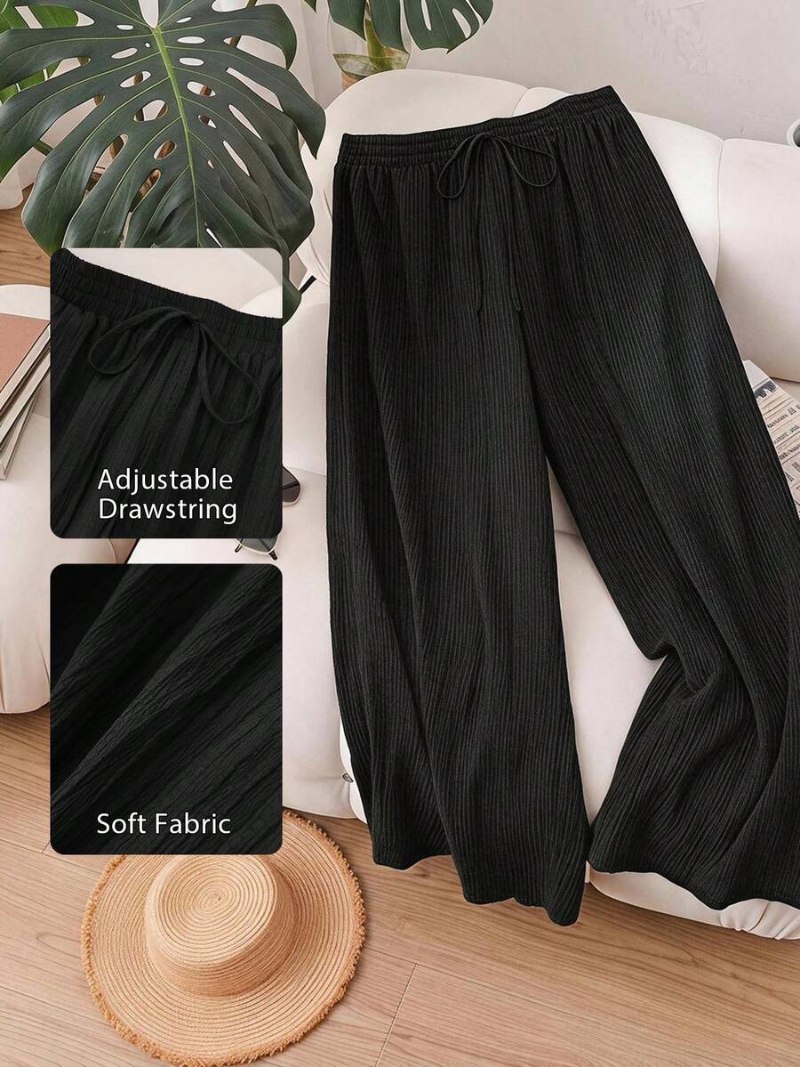 SHEIN PETITE CURVE 大码休闲纯色抽绳腰斜插口袋裤 - 黑色 - 查看 1