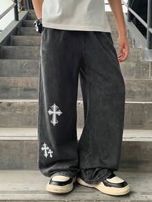 SHEIN 兒童青少年男孩休閒街頭風運動雪花布料長款運動長褲，適合戶外穿著、旅行度假、家庭聚會與運動，柔軟舒適 - 彩色 - 查看 3