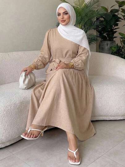 Dazy Plus Khaki Round Neck Loose Long Sleeve Tie-Front Elegant Commuter Mid-Length Dress, Spring/Autumn New Style