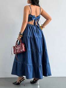SHEIN Holidaya Plus Size Summer Casual Tie Back Open Back Spaghetti Strap Denim Dress - Blue - View 1