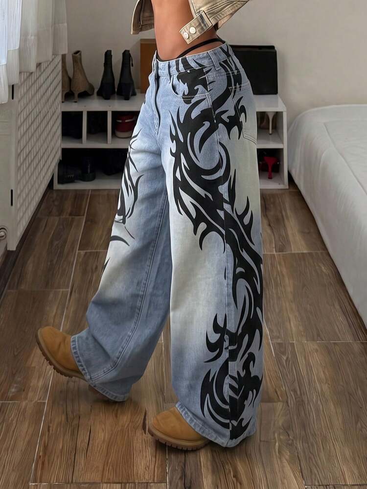 StreetHx Fashion Casual Street Style Retro Print Denim Wide Leg Pants - Yellow - View 5