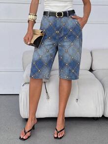 Lavishia Denim Effect Print Pocket Mid-Length Pants, Suitable For Daily Wear - Multicolor - View 7