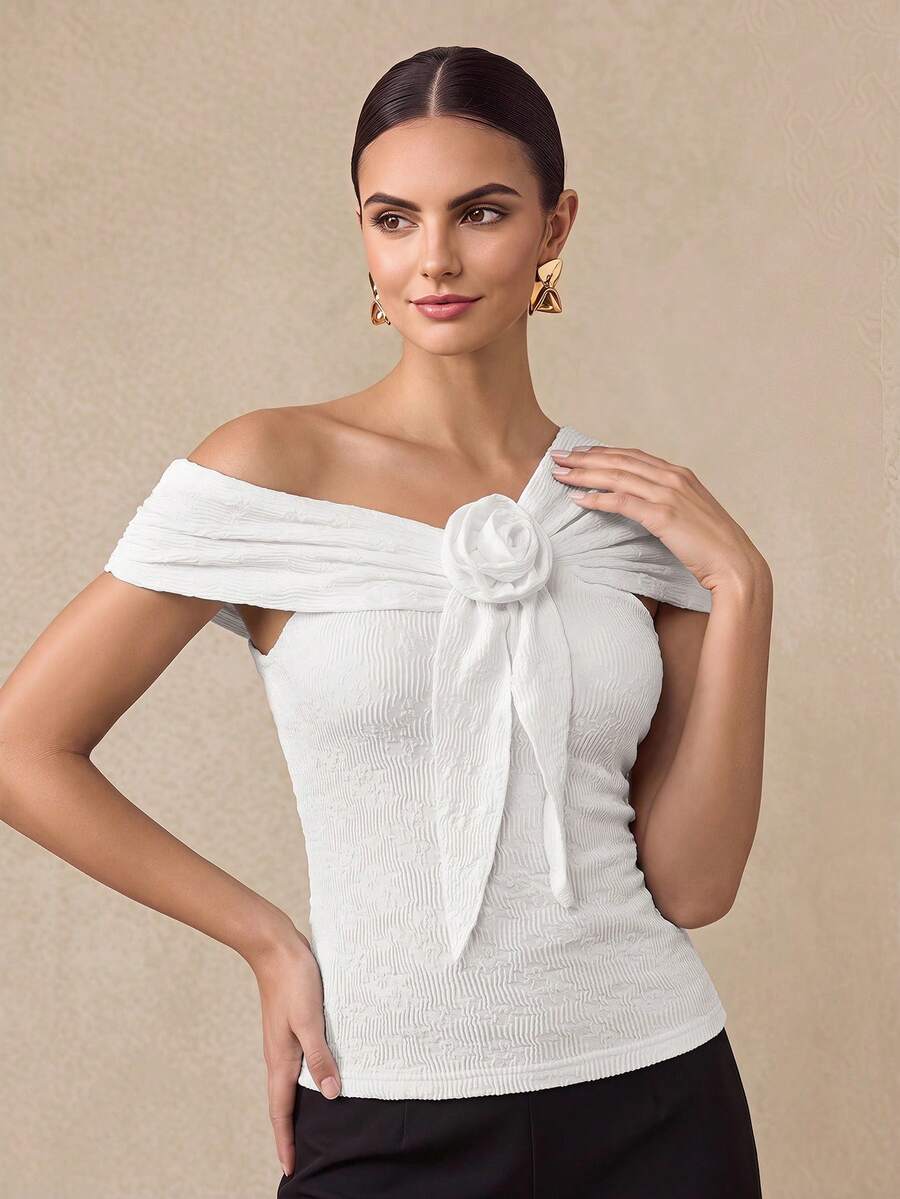 Almamuse Camiseta de mujer con flor 3D de cinta de punto jacquard - Multicolor - Ver 1