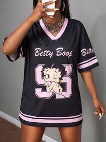 Slaydiva Betty Boop x SHEIN 大尺碼 Betty 聯名球衣休閒 Anti Social 連身裙，印花 T-shirt，街頭風 Y2K，適合晚宴、海灘度假，黑色夏季款 - 彩色 - 查看 9