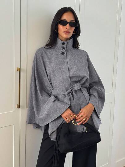 Aloruh Women's Elegant Business Commute Casual Solid Color Cape Blazer Jacket Gray