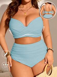 SHEIN Swim Curve 大码女式两件套纯色褶皱吊带背心式泳衣套装，度假装 - 淺藍色 - 查看 1