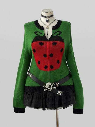Sunspun Plus Size Women's Vintage Cute Seven-Star Ladybug Insect Jacquard Colorblock Front Zipper Design Waist-Cinching Knit Cardigan, Long Sleeve Dropped Shoulder Soft Girly Style Niche Personalized Casual Outerwear Top Spring Autumn Winter Versatile Slimming Zipper Knit Cardigan
