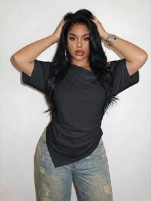 Slaydiva Spring/Summer Women's Plus Size Asymmetrical Hem Ruched Asymmetrical Shoulder T-Shirt, Graduation Season Beach - Dark Grey - View 5
