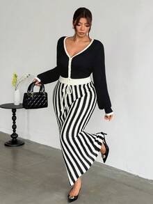Firerie Plus Size Colorblock Striped Patchwork Knit Dress - Multicolor - View 1
