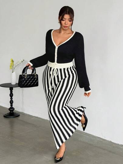 Firerie Plus Size Colorblock Striped Patchwork Knit Dress
