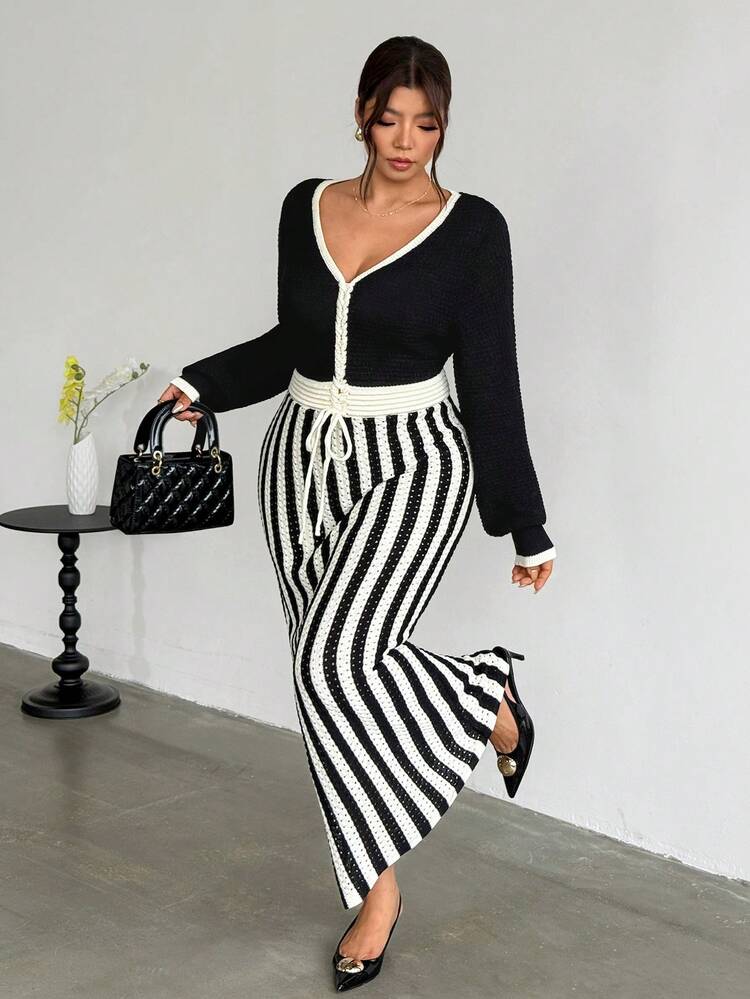 Firerie Plus Size Colorblock Striped Patchwork Knit Dress - Multicolor - View 1