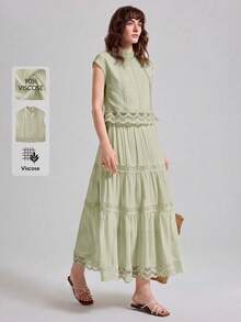 Ontre Women's Lace Patchwork Fashion Hollow Pleated Round Neck Top Sweet - Green - View 6