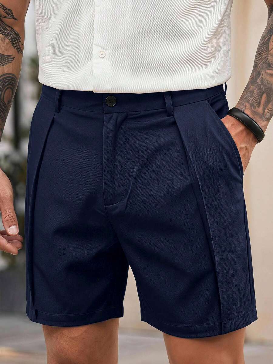 HIMLAND Pantalones cortos casuales de unicolor con botones, versátiles para uso diario y viajes para hombres - Azul Marino - Ver 1