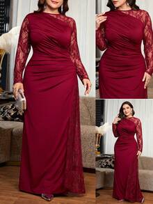 Reflora Plus Size Women's Lace Patchwork Pleated Elegant Cinched Waist Party Dress,Elegant Long Party Dress,Mother,Luxury Evening Dress For Women,Party Dress - Burgundy - View 2