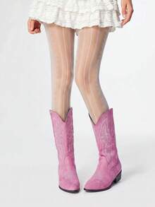 ROMWE Fairycore 1双女士优雅时尚套穿刺绣西部靴，高跟刺绣西部靴，时尚刺绣牛仔靴，秋冬季套穿式中筒平底靴，棕色、黑色和粉色可选，派对靴 - 粉色 - 查看 3