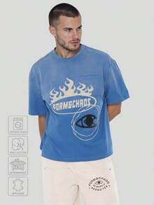 FORM&CHAOS Men's Summer Loose Fit Blue Vintage Washed T-Shirt - Blue - View 1