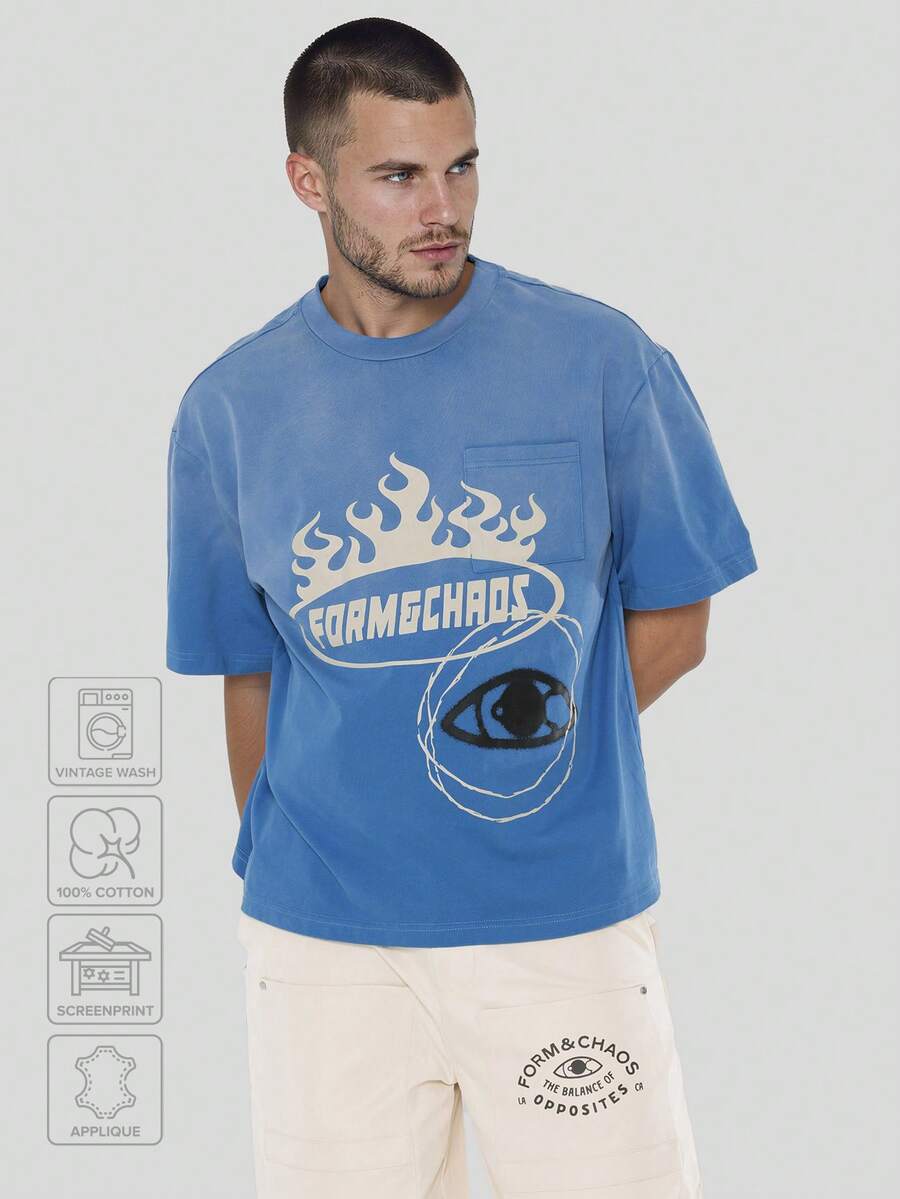 FORM&CHAOS Men's Summer Loose Fit Blue Vintage Washed T-Shirt - Blue - View 1