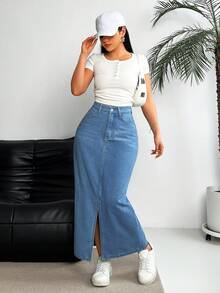 EMERY ROSE Women's Pocket Design Slit Hem Long Straight Casual Denim Maxi Skirt - Medium Wash - View 6