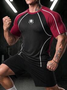 GymBeat Men's Spider Stripe Pattern Print Contrast Color Crew Neck Sports T-Shirt - Multicolor - View 5