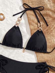 Swim Vcay Women's Solid Color Beach Swimsuit Set For Vacation - Black - View 4