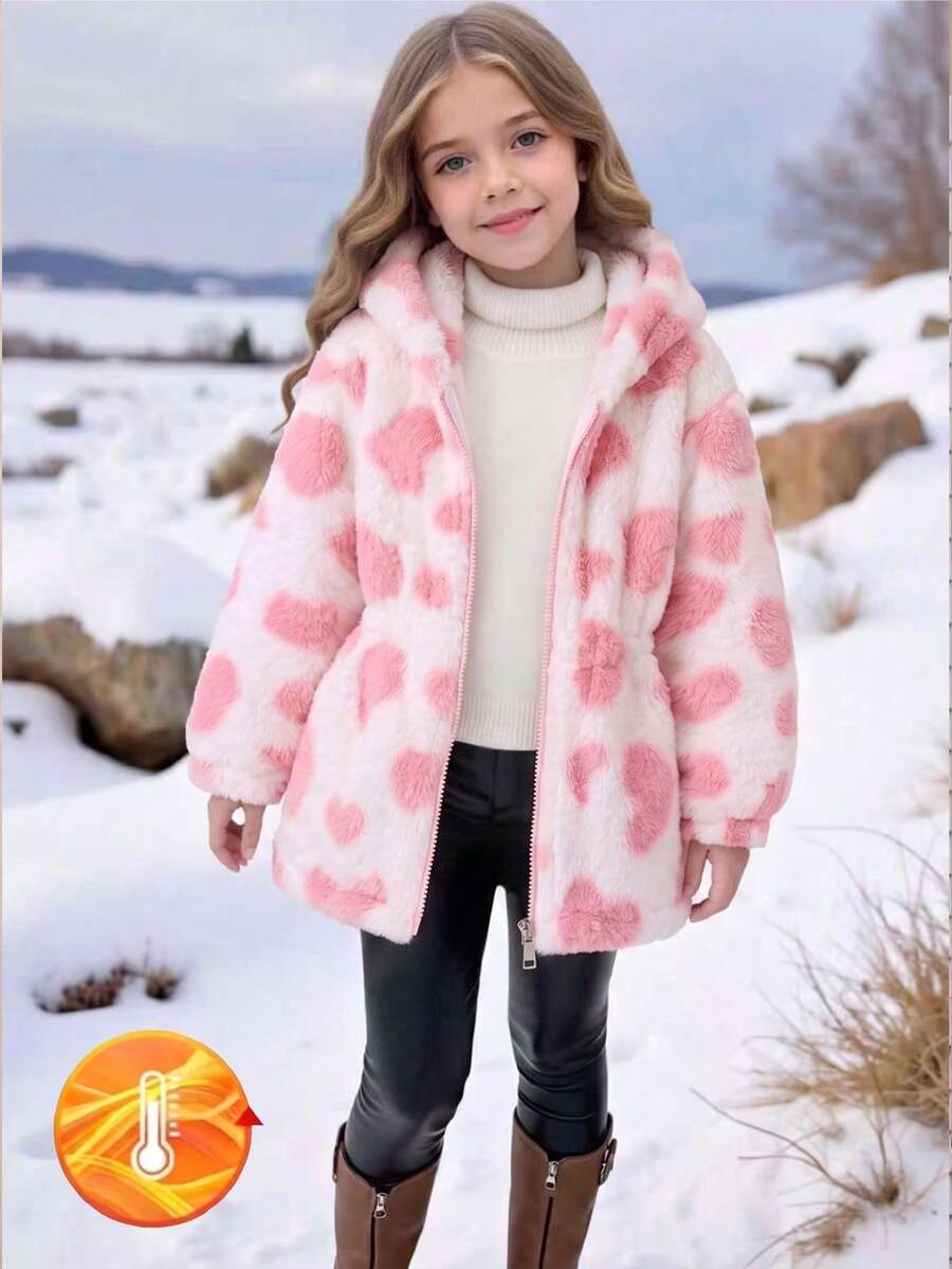 SHEIN Genkimix Kids 女童休閒百搭甜美可愛愛心圖案毛茸茸加厚收腰修身蓬鬆連帽拉鍊外套,適合秋冬日常上學穿著 - 粉色 - 查看 1