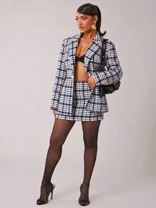SHEIN SXY Plus Size Fashion Commuter Office Formal Houndstooth Blazer White And Blue Autumn Elegant - Multicolor - View 4