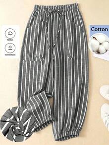 Linhara Plus Size Women Vacation Casual Elastic Waist Striped Pants With Pockets Belt For Casual And Versatile Look Casual Daily Wear,Summer Vacation Pant,Blue & White Striped Pant Beach Outfits For Women Beach Pants Going Out Outfits Vacation - Black - View 1