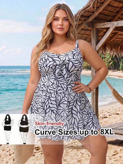 SHEIN CURVE+ Set Bikini Tank Top 2 Potong Ukuran Plus Seksi Terbaru Musim Panas 2026 dengan Motif Cetak untuk Liburan Pantai